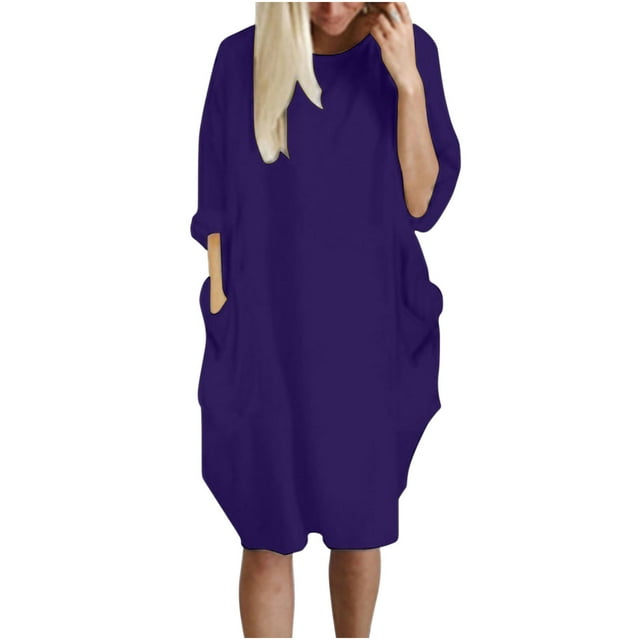 CEHVOM Robe Ample pour Femmes avec Poches, Col pour Dames, Hauts Longs Décontractés, Robe, Grande Taille, Solde
