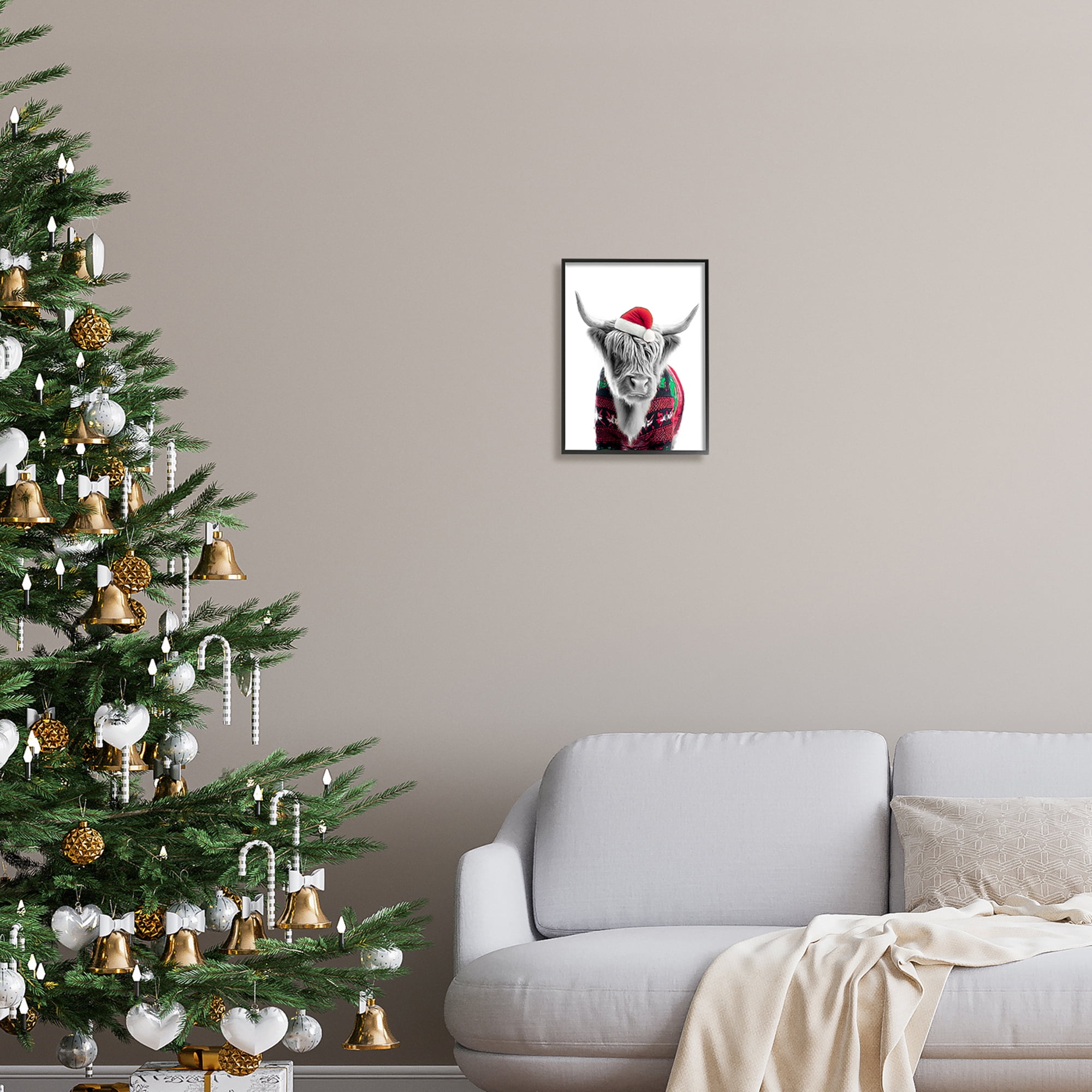 Stupell Industries Cow in Christmas Sweater Holiday Painting Black Framed Art Print Wall Art, 11 x 14