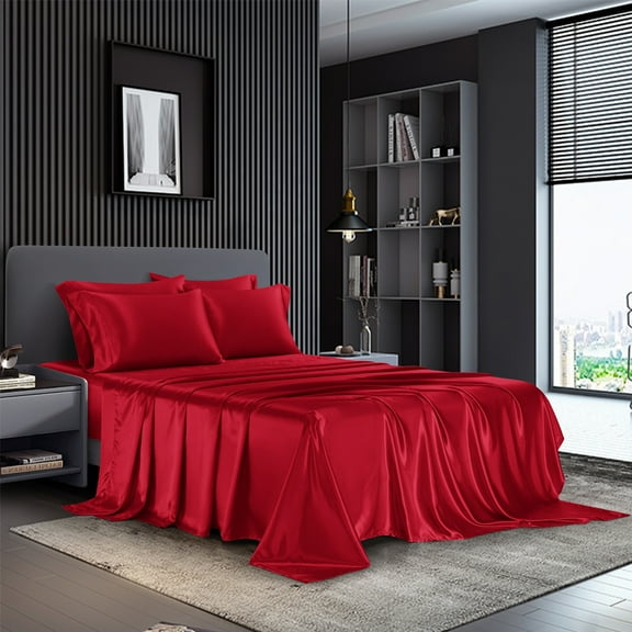 AiMay 6 Piece Satin Bedding Sheet Set King Burgundy Deep Pocket Super Soft 1800 Series Luxury Rich Silk Silky Solid Color 4 Pillowcases Reversible Sexy Honeymoon Wrinkle Free (King, Burgundy)