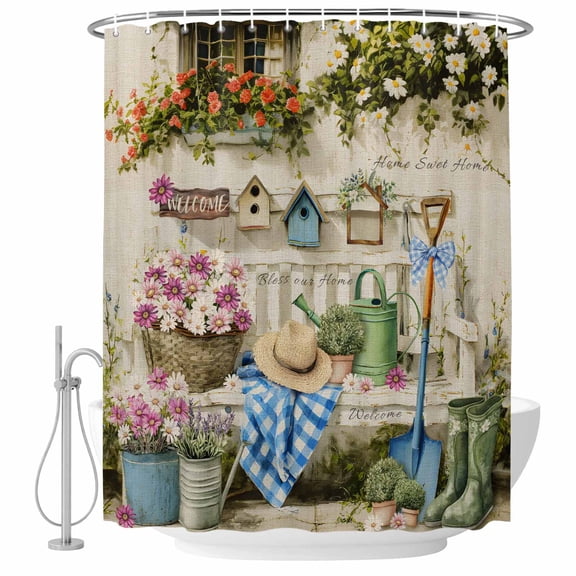 Polyester Fabric Spring Daisy Shower Curtain, Flowers Farmhouse Leaves Floral Pots Country Retro Waterproof Bathtub Curtain Bathroom Decor Set with Hooks 72 x 78 Inches