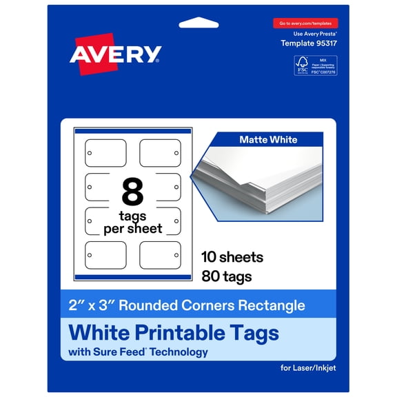 Avery 2" x 3" Rectangle Rounded Corner Tags, Matte White, 80ct