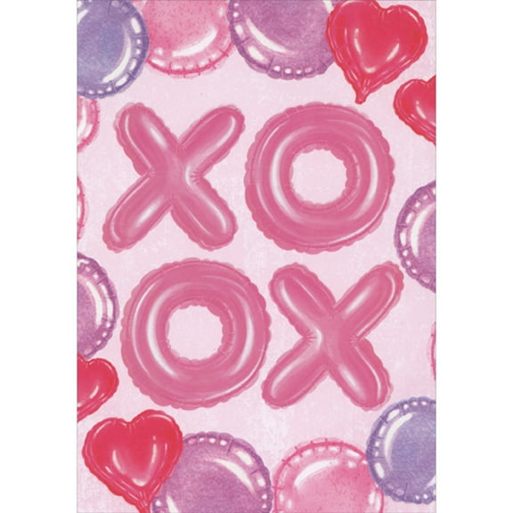 Designer Greetings Large Pink X O X O Balloons Surrounded by Red and Purple Balloons Valentine's Day Card