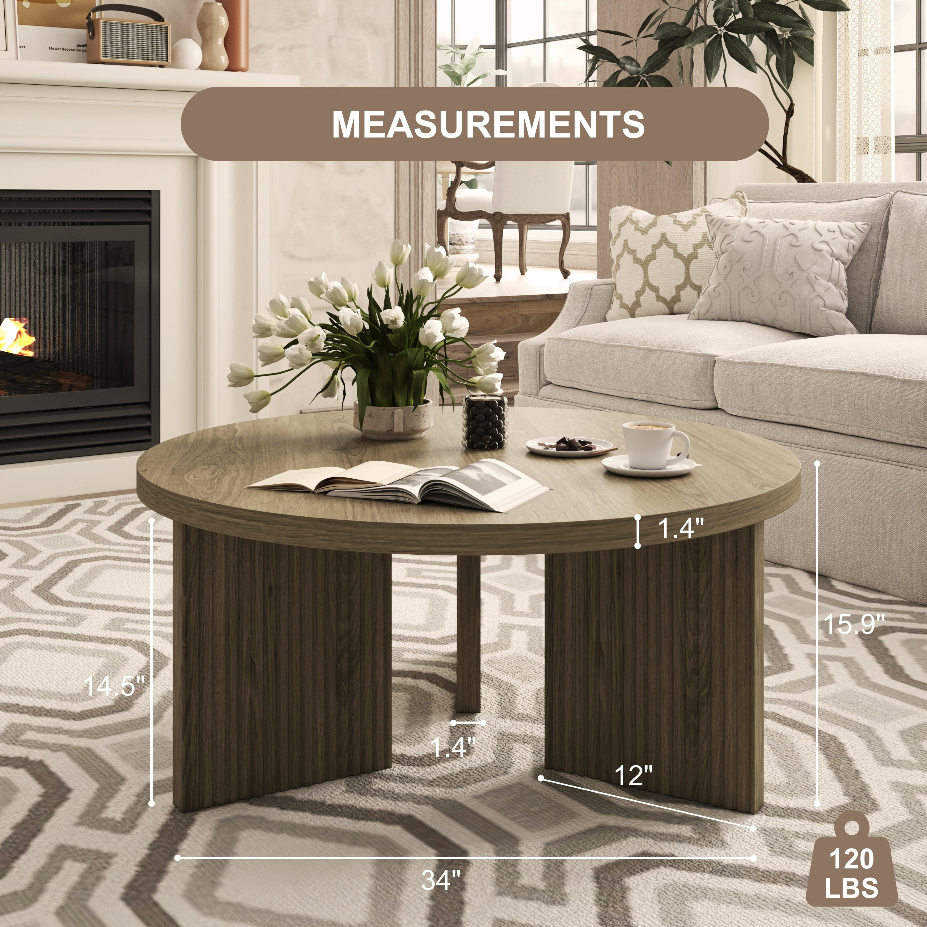 Noodeniya 35" Round Coffee Tables, Accent Tea Tables for Living Room, Grey