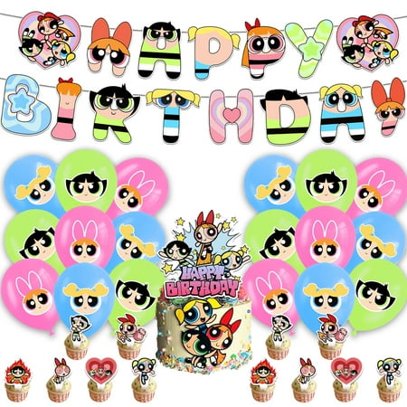 The Powerpuff Girls Themed Birthday Party Decoration Set, 30pc Includes Banner, Cake Toppers, Balloons, and Cupcake Decorations.