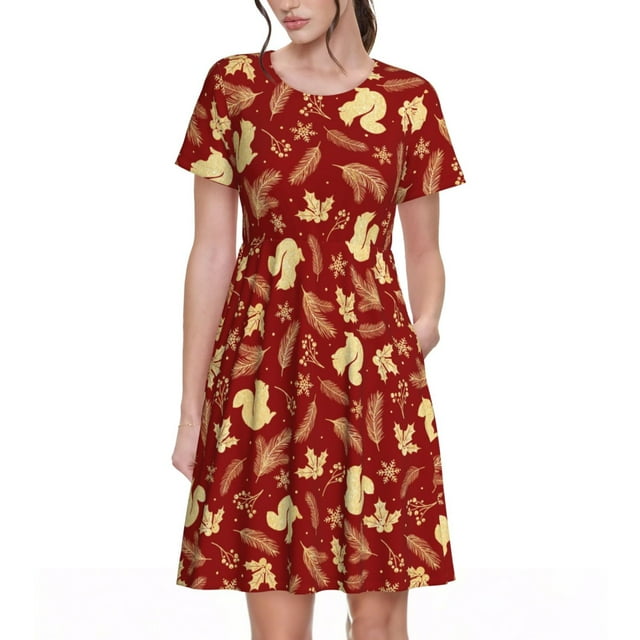 Fotbe Golden Squirrels Holiday Vestido Largo de Moda para Mujer, Vestido Tipo Camiseta con Manga Corta y Estilo Casual a Rayas y Bloques de Color
