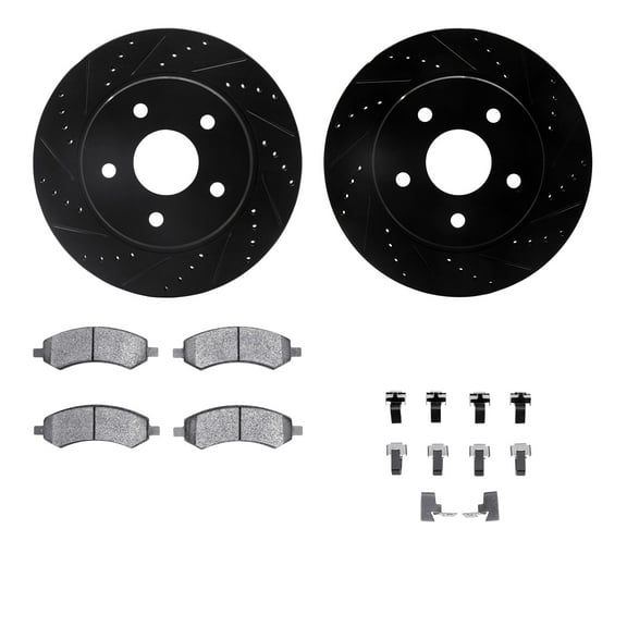 Dynamic Friction Company Front Brake Rotors-Drilled and Slotted-Black with 5000 Advanced Brake Pads includes Hardware 8512-40090