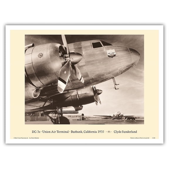 Douglas DC-3's - Union Air Terminal Burbank California 1935 - United Air Lines - Vintage Aviation Poster by Clyde Sunderland - Master Art Print (Unframed) 9in x 12in