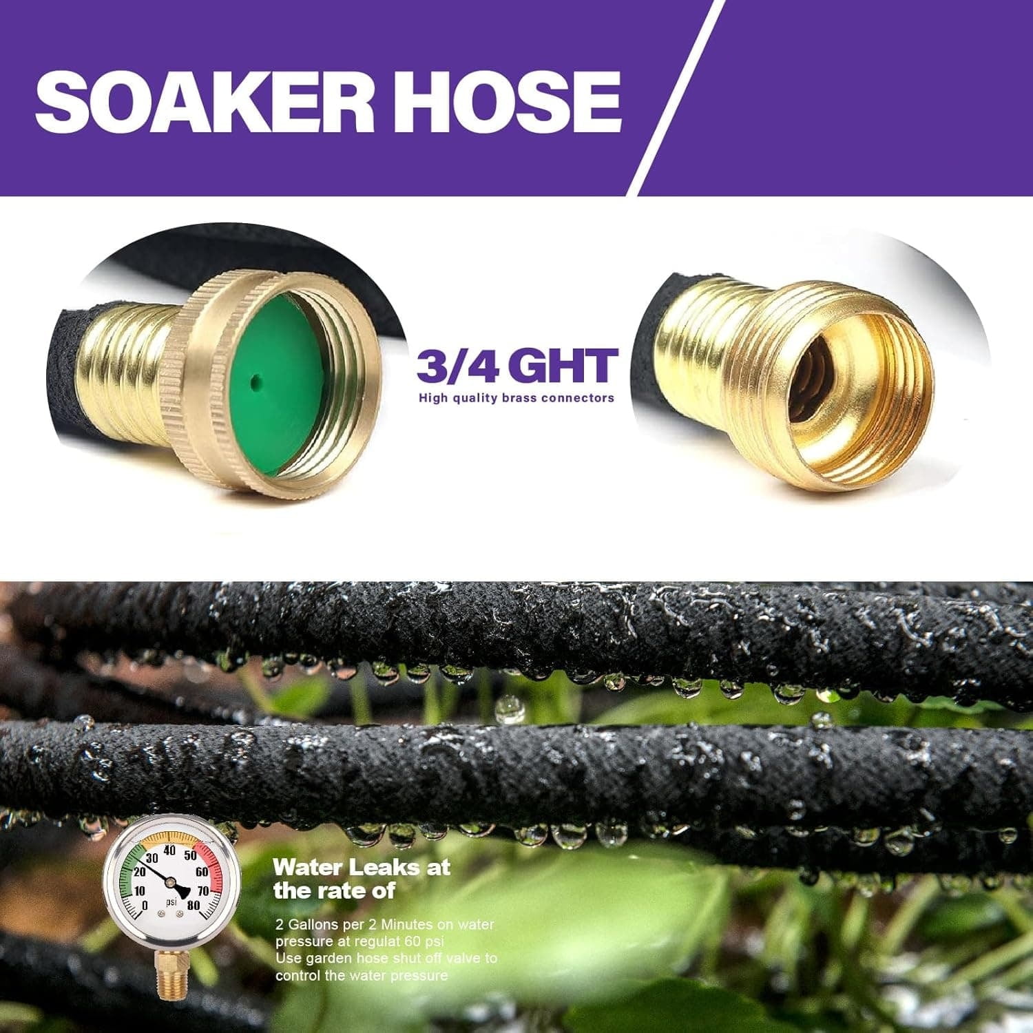 "Soaker Hose 150 FT,1/2 Inch Soaker Garden Hose with 3/4"" Solid Brass Connectors Save 80% Water Drip Irrigation Kit for Lawn/Yard Landscaping beds "