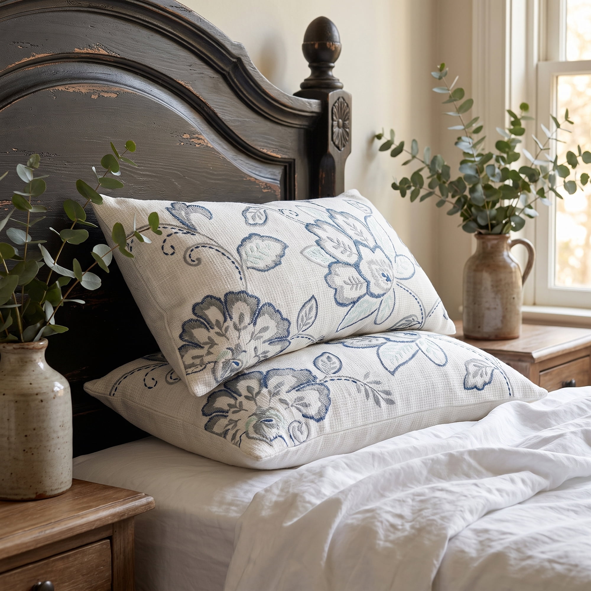 Unique Bargains Embroidered Floral Throw Pillow Cover Rustic Cushion Case Blue 20"x12"