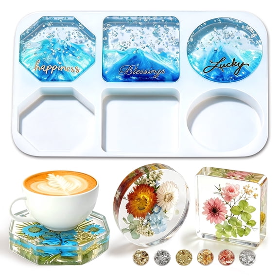 PMHZI Coaster Resin Mold Set, 6-Cavity Round Square Octagon Epoxy Molds for Dried Flower Preservation with Gold Leaf