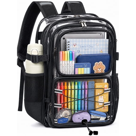 SANMADROLA Clear Backpack School Backpack Bookbag Transparent Bag Large Heavy Duty Stadium Approved See Through Backpack Waterproof PVC with Reinforced Strap for School Work Travel with Reflective