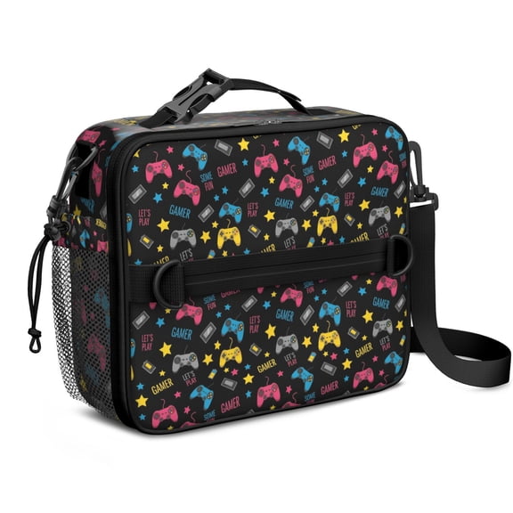 Game Controller Black Pattern Insulated Lunch Bag with Shoulder Strap and Bottle Holder,Bento School Lunch Bag Box,11x9.5x3.5 Inches