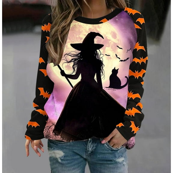 VKOYWKM Halloween Sweatshirts for Women Halloween Witch Graphic Sweatshirt Party Tops Fall Long Sleeve Crewneck Sweatshirts Vintage Halloween Sweatshirt