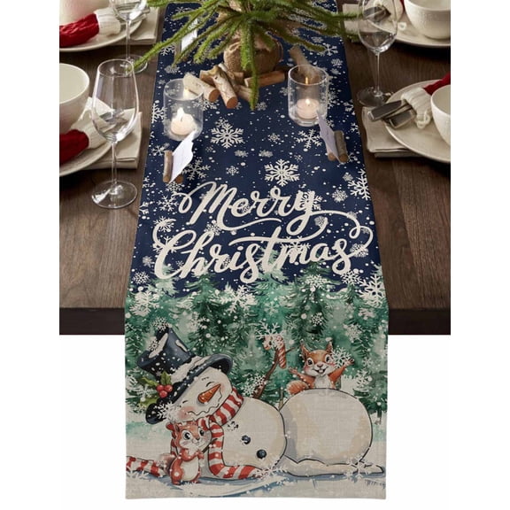 ERUNPONLY Navy Blue Snowman Christmas Table Runner - 72 Inch Long Xmas Tree Rustic Snowflake Cotton and Linen Blended Dress Scarves Farmhouse Table Runner for Kitchen Dining, Coffee Table, 13" x 72"