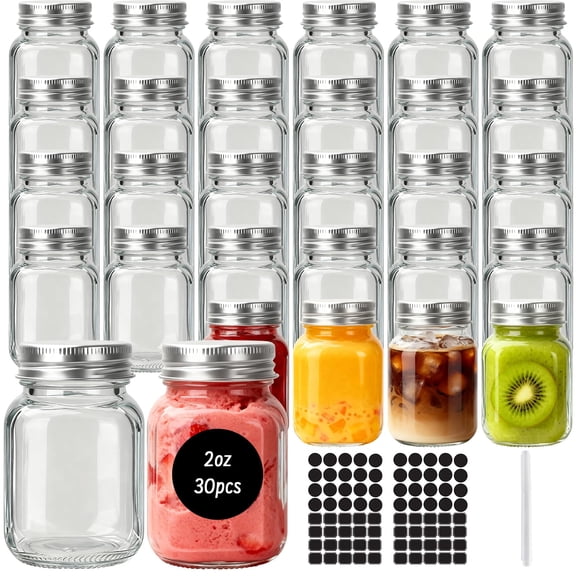 30 Pack 2 Oz Glass Mason Jars with Metal Lids Mini Spice Jars 1 Chalk Pen 40 Stickers