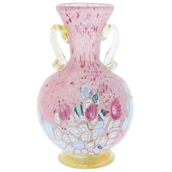 GlassOfVenice Murano Glass Millefiori Vase With Golden Handles - Rose