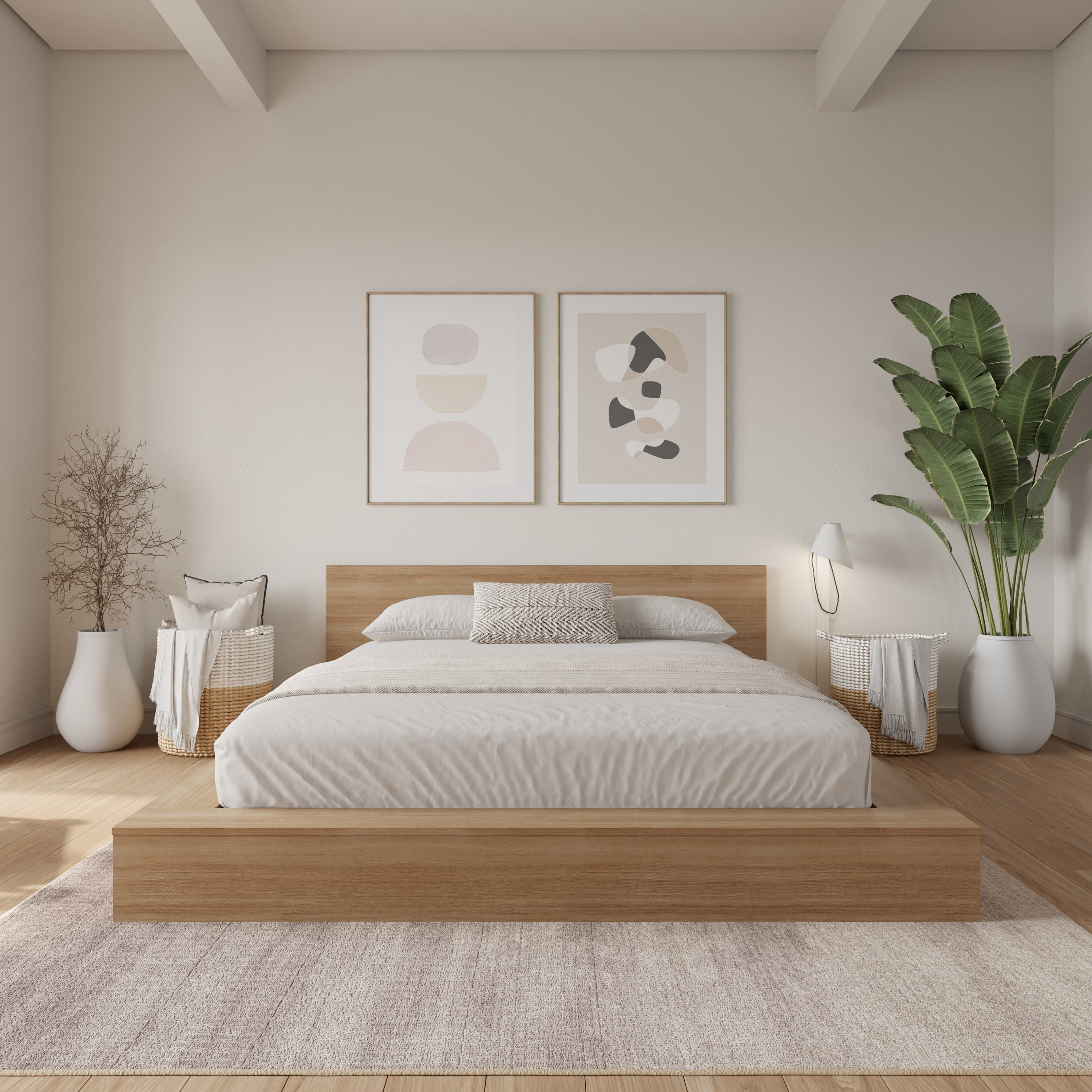 Nexera Kanso Queen Low Profile Wood Platform Bed with Headboard, Brown Oak