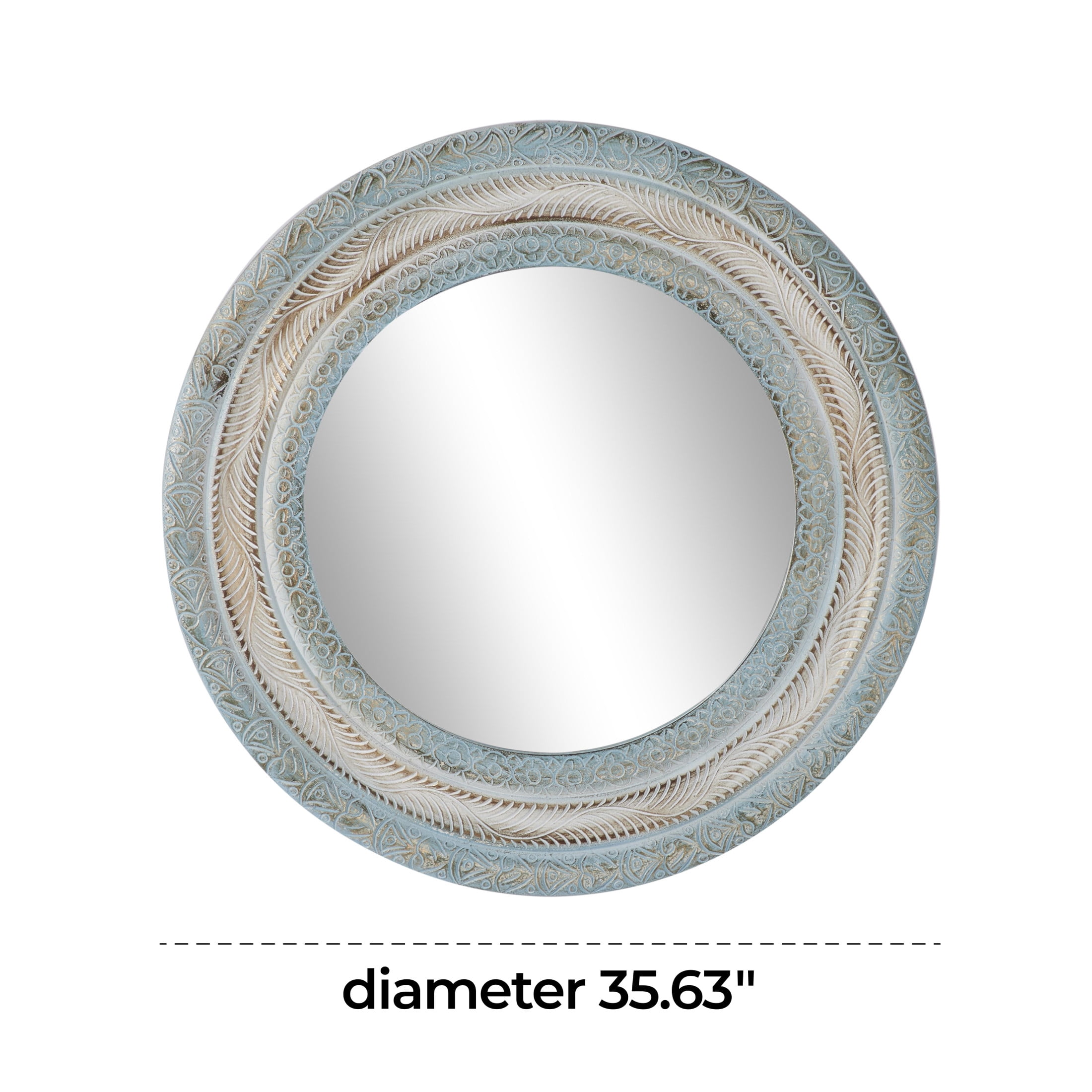 DecMode 36" x 36" Blue Distressed Carved Floral Wall Mirror with Gold and Beige Accents