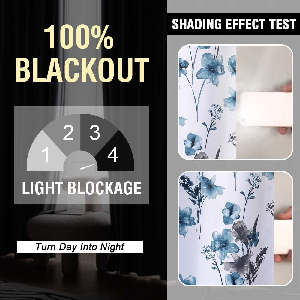H.VERSAILTEX 100% Blackout Curtains Cattleya Floral Printed Drapes Leah Floral Thermal Bedroom Curtains for Living room with Black Liner 2 Panels,52" x 63",Grey/BLue