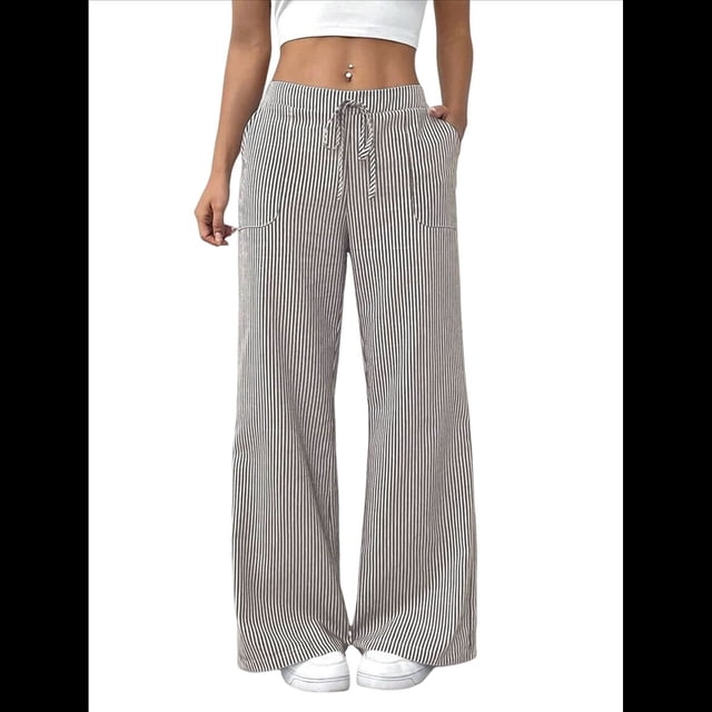 Pantalones de Salón A Rayas de Pierna para Mujer, Cintura Elástica y Bolsillos Marrón XL