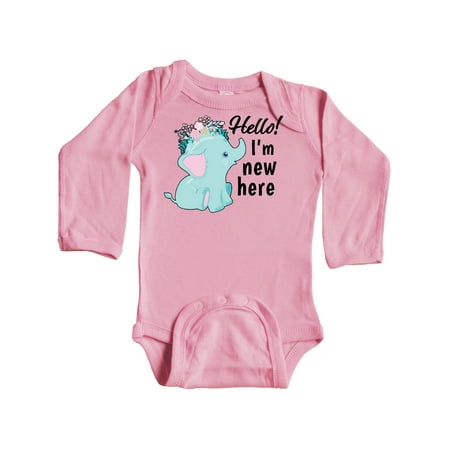 

Inktastic Hello I m New Here with Cute Baby Elephant with Flower Crown Gift Baby Boy or Baby Girl Long Sleeve Bodysuit