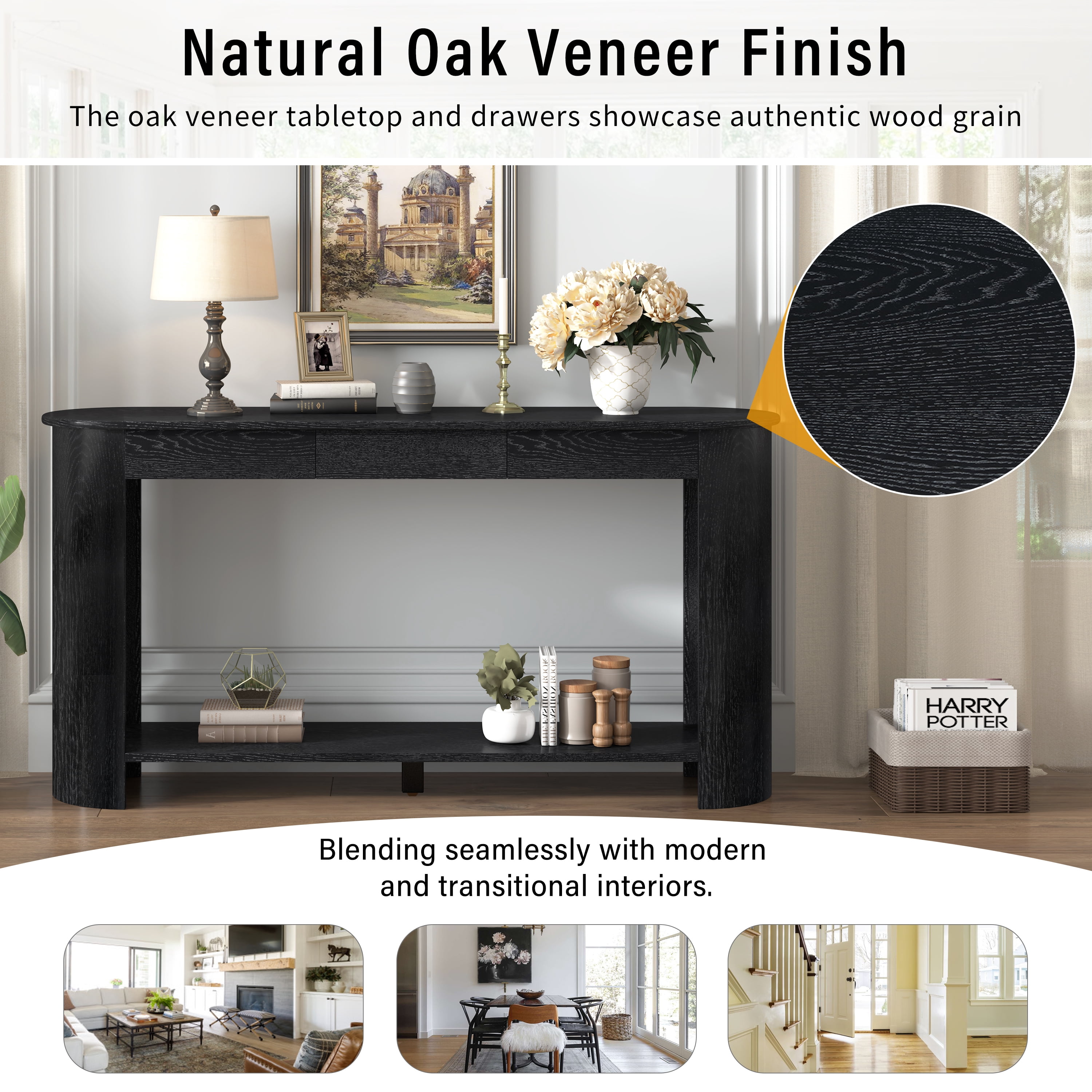 Mintazer 60" Modern Console Table, Entryway Table with 3 Drawers & Open Shelf, Long Sofa Table with Semi-Circular Design for Entryway Living Room, Black