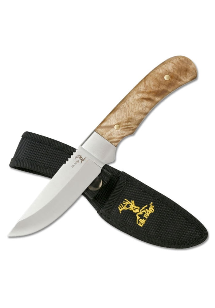 Elk Ridge ER-107 Fixed Blade Knife - 4.5" 3cr13 Stainless Steel Blade, Wood Handle, Full Tang Outdoor Hunting Survival Knife with Leather Sheath