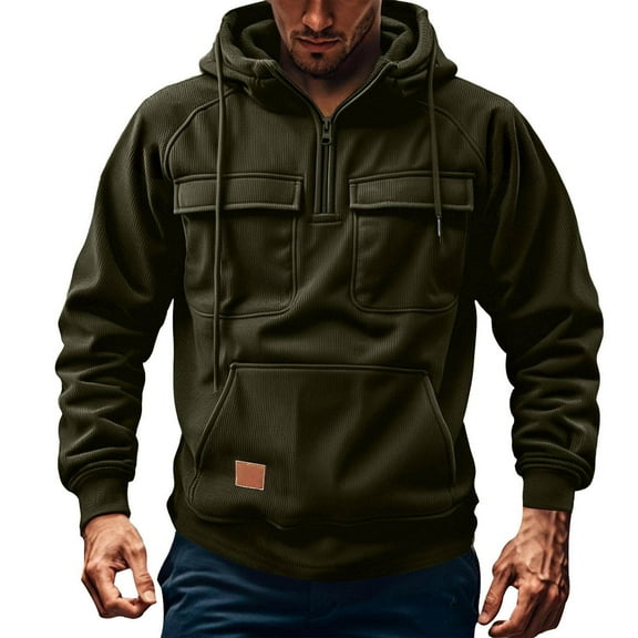 Qulqfy Pullover Hoodies Men Quarter Zip Corduroy Green Casual Hooded Long Sleeve Drawstring Sweatshirts 3 Pockets Men Sweatshirts L