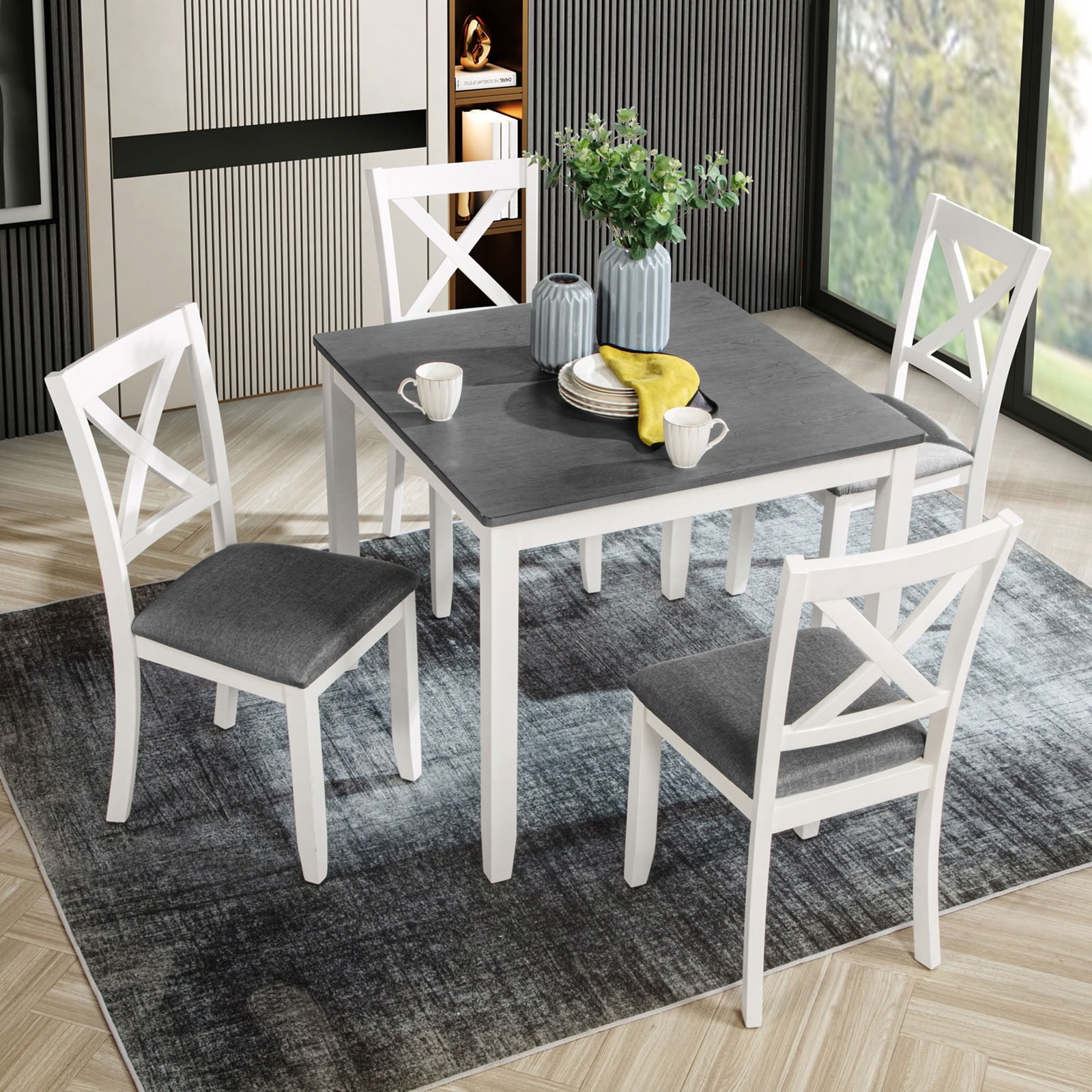 MAYEERTY 5-Piece Dining Table Set with 4 Chairs, Wood Dining Set for 4, Space-Saving for Small Kitchen Dining Room Apartment, Grey
