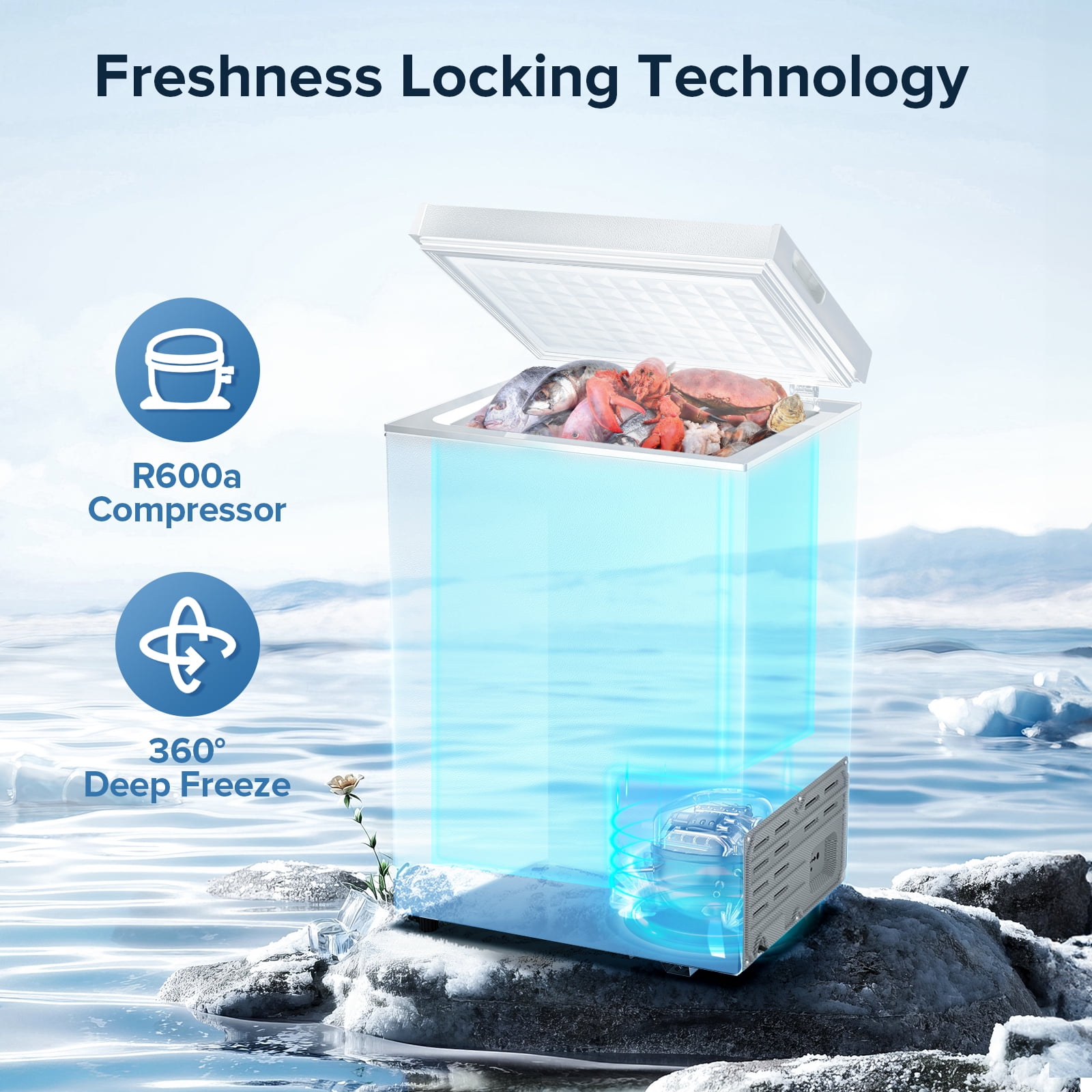 Auseo 2.7 Cubic Feet Chest Freezer Free Standing Top open Door Compact Freezer with Adjustable Temperature, Storage Basket*2, White