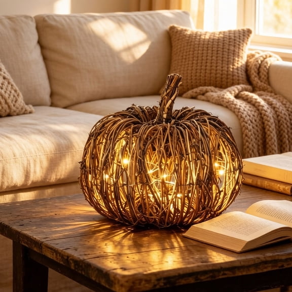 Rattan Lighted Pumpkin Fall Decorations Artificial Rattan Pumpkin Lanterns LED Fall Lighted Harvest Indoor Outdoor Halloween Thanksgiving Decor Porch