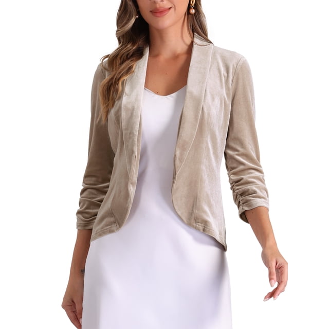 Chaquetas de terciopelo INSPIRE CHIC para el Día de San Valentín para mujeres, cárdigan de terciopelo abierto de 3/4 de manga, color camel