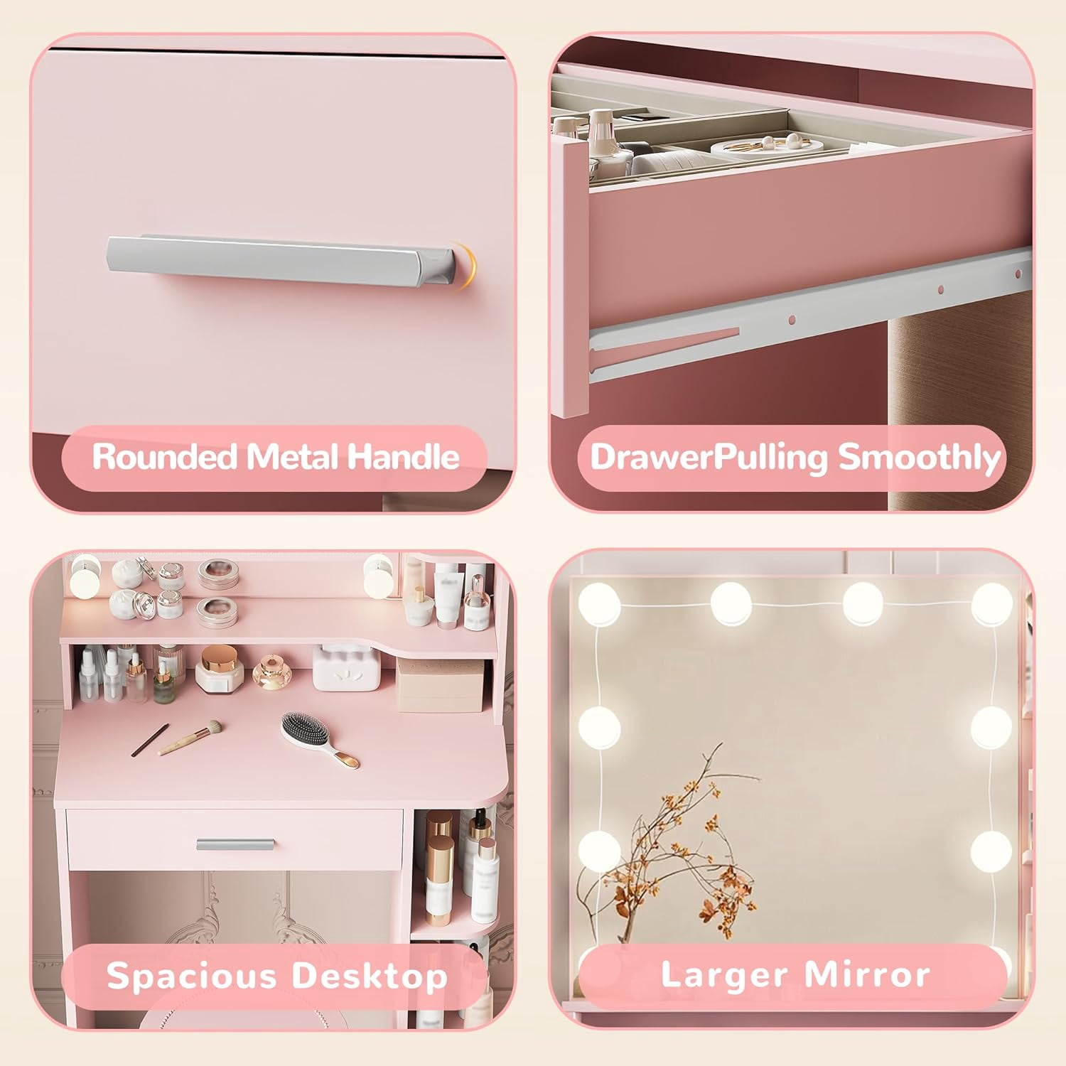 Vanity Desk with Mirror and Lights, Akaber 26.4" Makeup Vanity with Large Drawer, 6 Storage Levels, Small Pink Vanity Desk with Large LED Mirror