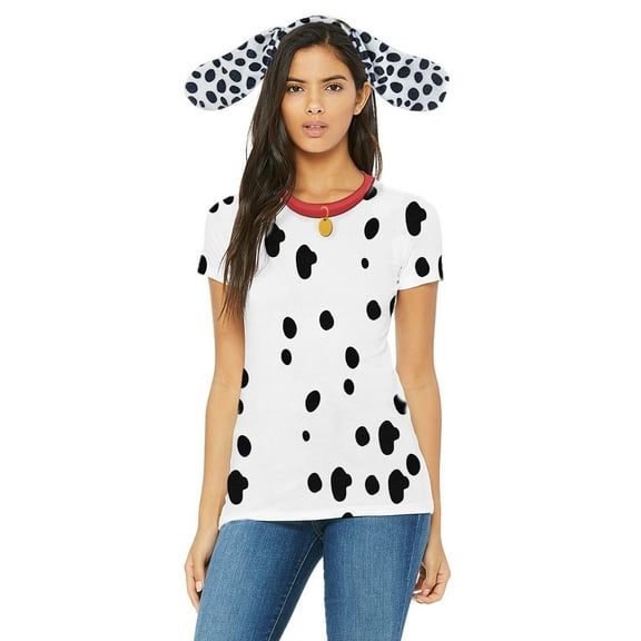 Halloween Costume Dalmatian with Red Collar Womens Sublimation T Shirt with Dog Ears Headband