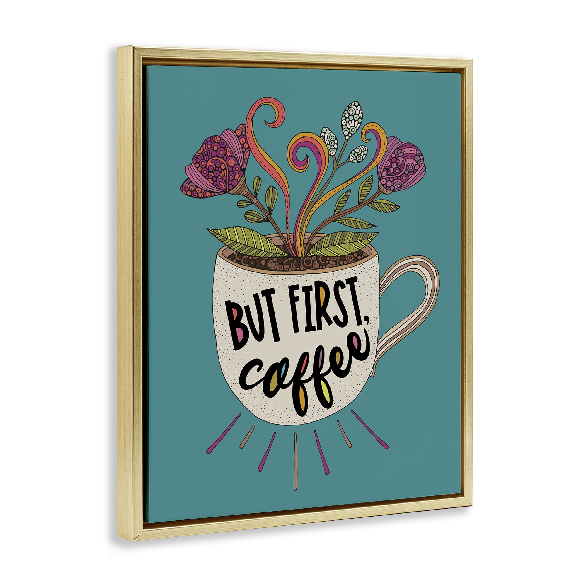Stupell Industries First Coffee with Florals Botanical & Floral Painting Gold Floater Framed Art Print Wall Art, 25 x 31