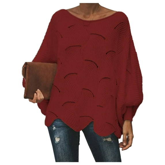 Women's Oversized Loose Off Shoulder Batwing Sleeve Hollow Knitted Pullover Sweater, Red, Large