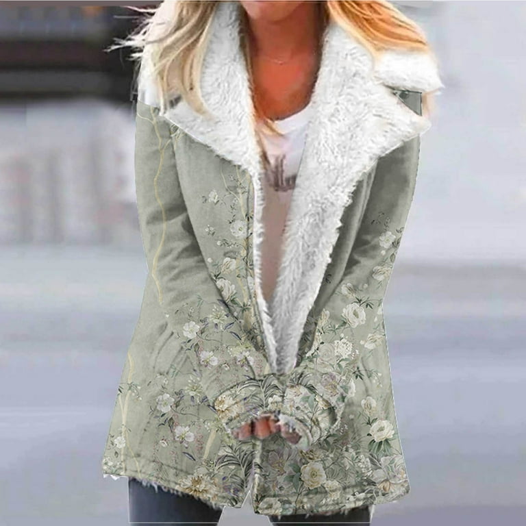 skpabo Winter Coats for Women Christmas Lapel Sherpa Fleece Lined Jackets  Faux Fur Lining Jackets Cosy Soft Plush Floral Print Coat Casual Plus Size  Outerwear with Pockets 