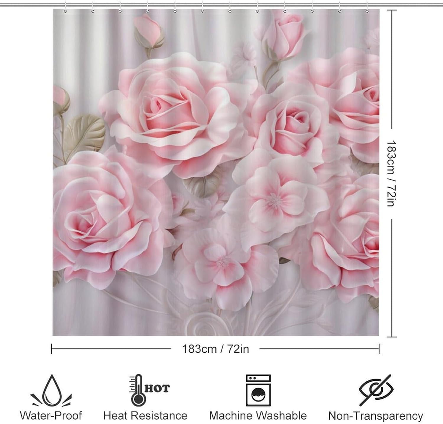 Pink Romantic Roses Shower Curtain 4 Piece Sets with Non-Slip Rugs,Toilet Lid Cover and Bath Mat Modern Flower Plants Floral Waterproof Shower Curtain with 12 Hooks Bathroom Set Home Decor