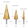 thumbnail image 3 of Juego de 3 brocas escalonadas con ranura en espiral de Whataatahia: acero inoxidable, plástico, metal y madera, broca escalonada con vástago hexagonal HSS, broca cónica para metal, juego de brocas de, 3 of 5