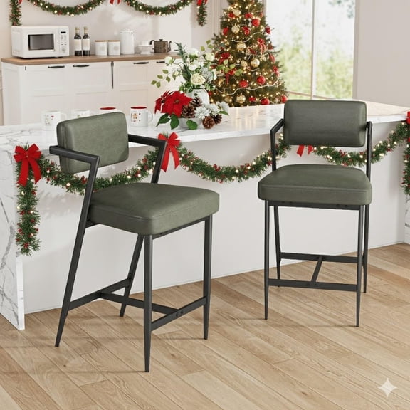 Memoryfield Bar Stools Set of 2, Upholstered Counter Height Bar Stools with Backrest & Footrest, Thick Cushion, for Kitchen Island, Counter Bar & Home, Green