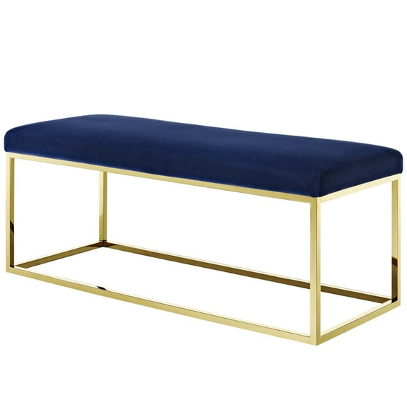 Modern Deco Contemporary Urban Design Living Room Lounge Club Lobby Accent Chair Bench, Velvet Fabric Metal Steel, Gold Navy