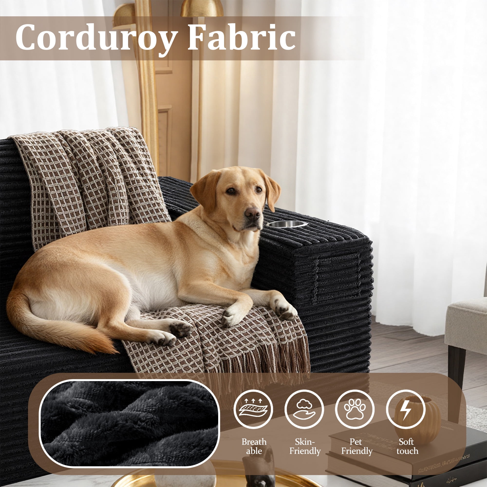 3 Seats Boneless Modular Cloud Sectional Sofa with Chaise & Ottoman, Extra-Wide Deep Seats Plush Corduroy Sleeper Soft Couch for Modern Living Rooms, Small Spaces & Apartments Black 108"-U Shape Left