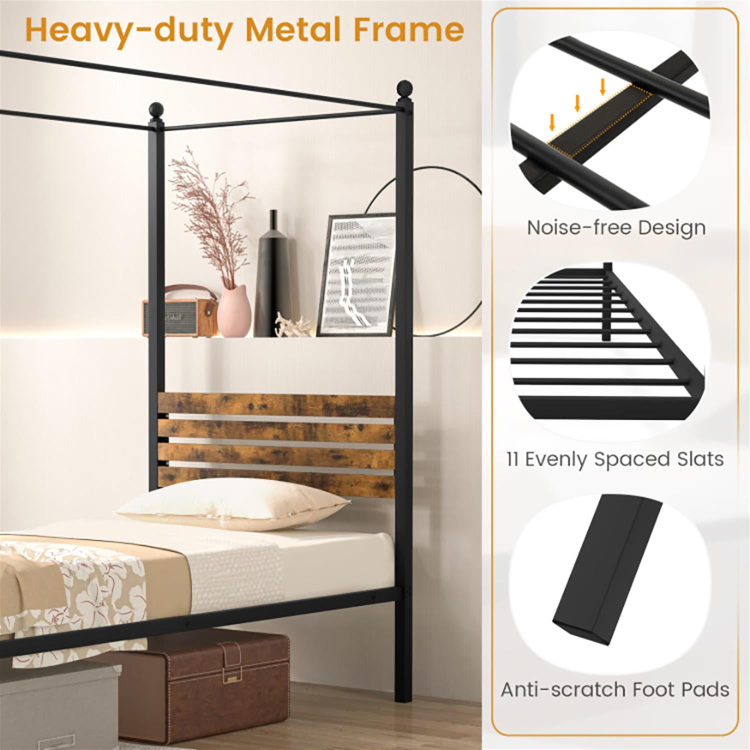 Demi Bonn Twin Size Canopy Metal Platform Bed Frame with Under Bed Storage, Steel Slat Support, No Box Spring Needed, Black