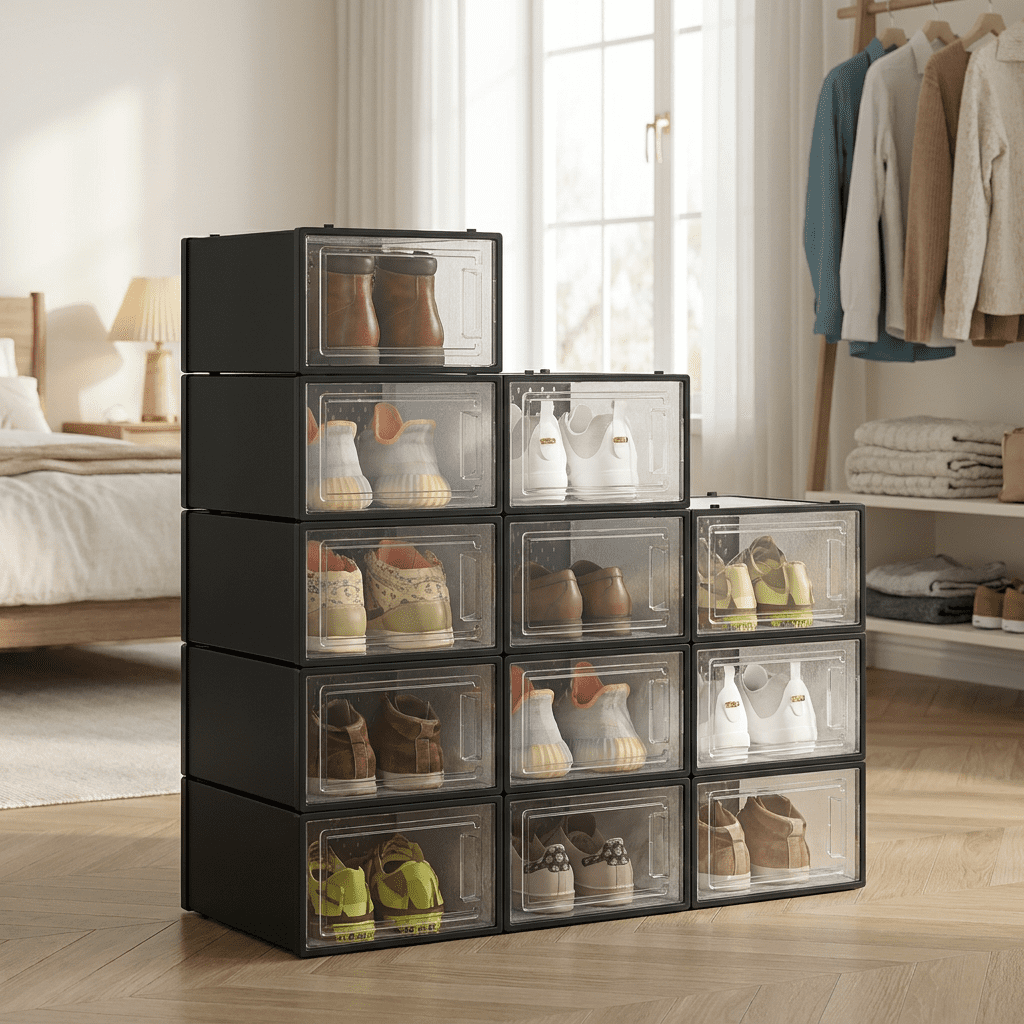 Ledrem 12-pack Clear View Shoe Organizers, Stackable Plastic Storage Boxes for Closet