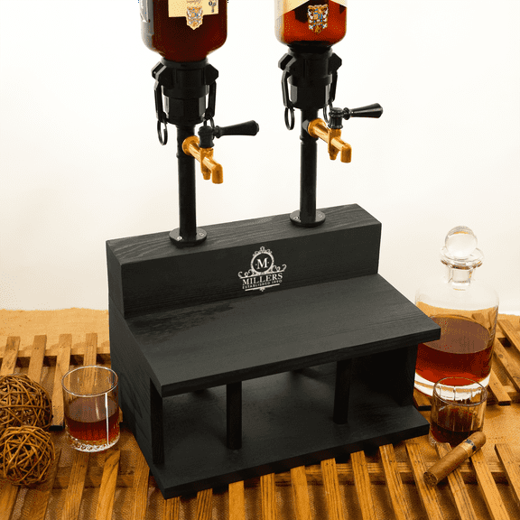 Personalized Double-Tap Whiskey Dispenser with 3-Bottle Storage – Custom Engraved Industrial Pipe Bar Stand