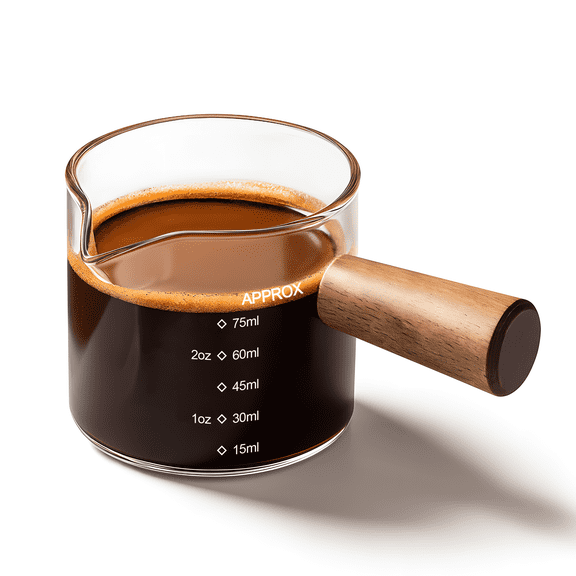 YARRAMATE 2.5 oz/75ML Espresso Shots Cup with Wood Handle, Clear Glass Espresso Measuring Cup with Dual Scale, Shot Glass with Single V-Spout