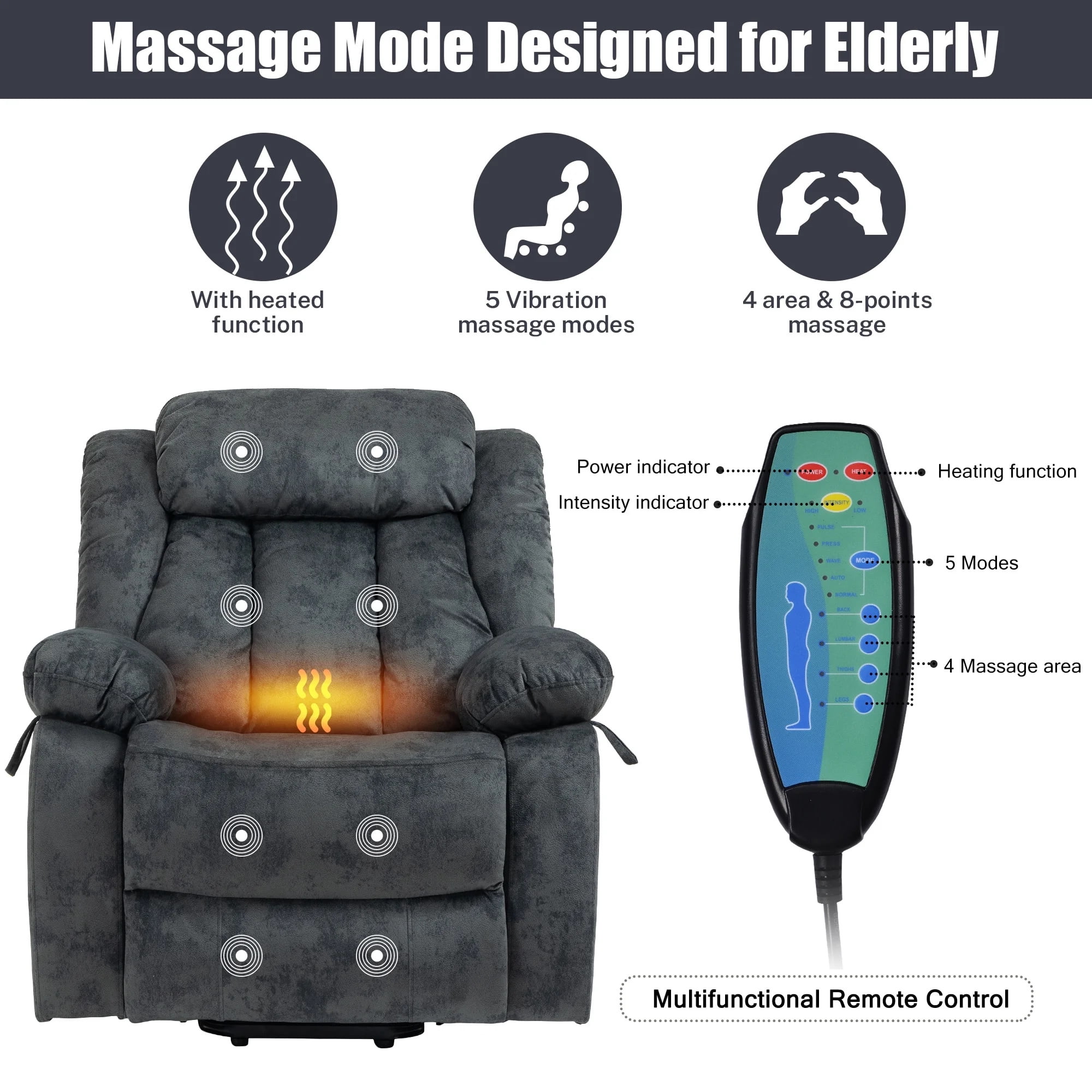 Aukfa Power Lift Recliner with Massage&Heat for Elderly, 23" Deep Seat Armchair, Infinite Position, Gray