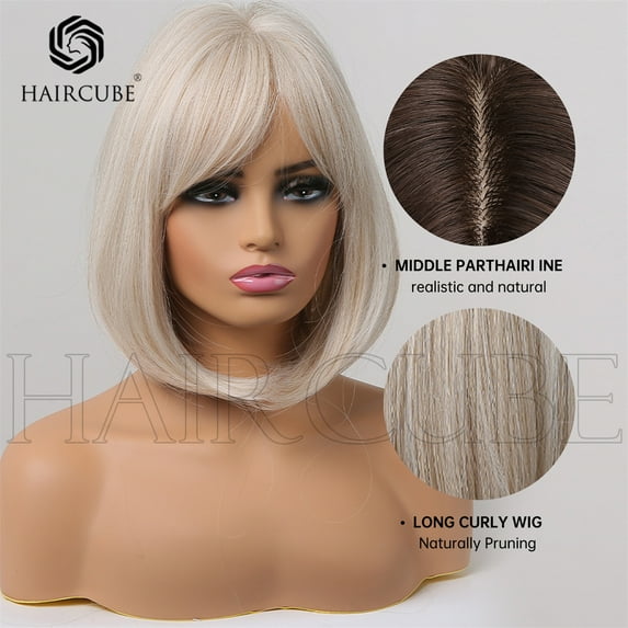 HAIRCUBE Beige Wig Short Straight Wavy Curl End Synthetic Bob Wig Daily-Use with Wig Cap