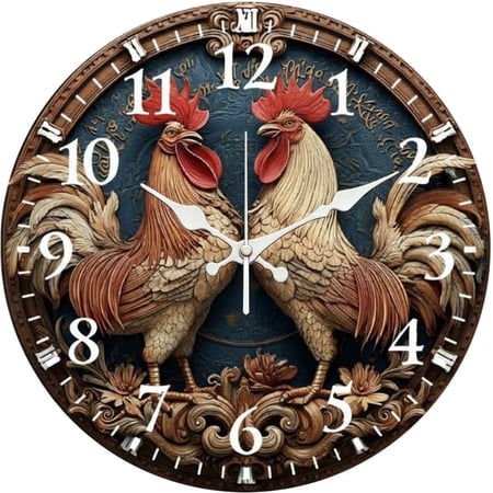 SBEMP10 Inch Silent Wall Clock, 3D Carved Wood Rooster Decorative Wall Clock, Battery Operated Non-Ticking Round Clock for Living Room Bedroom Farm Home Decor