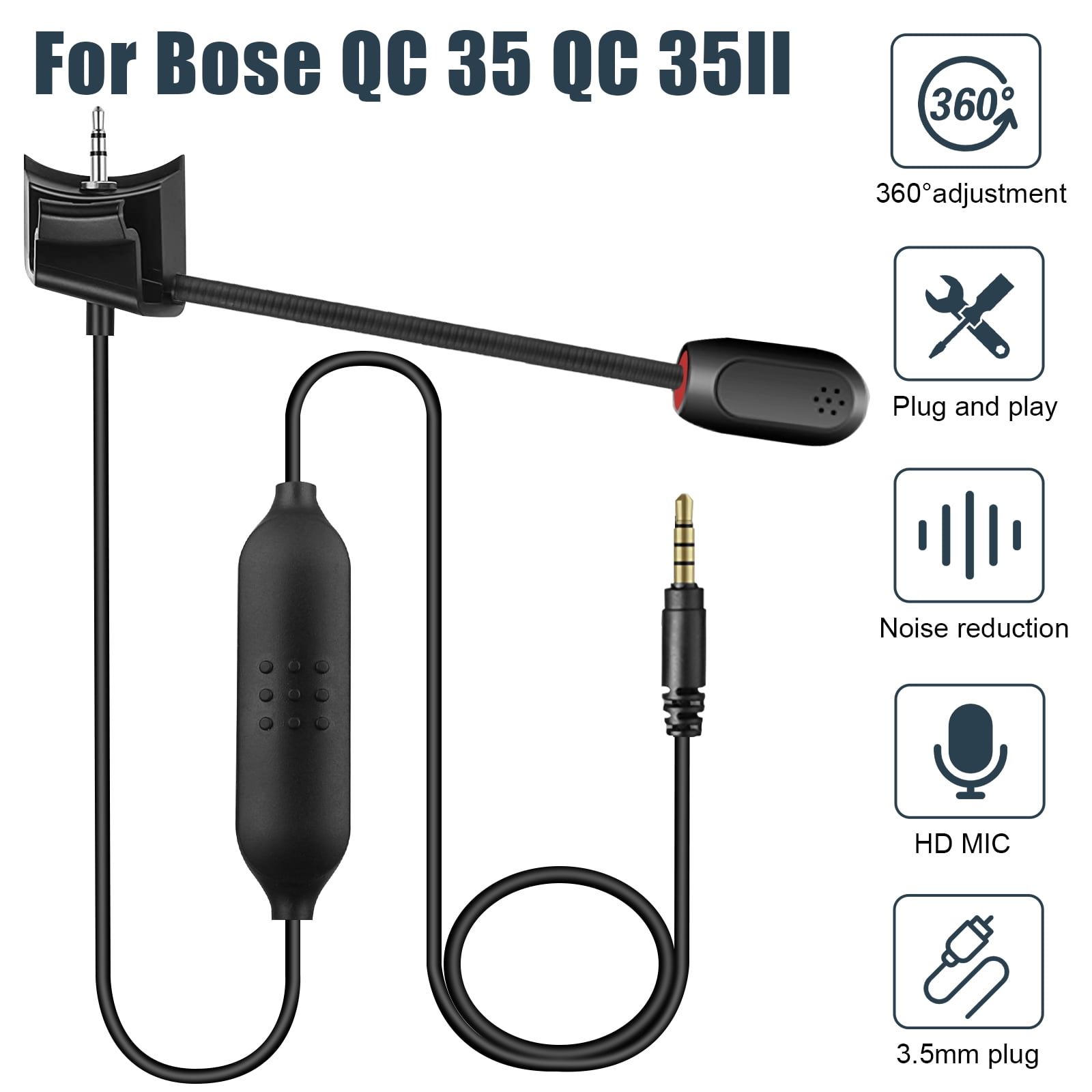 Windows Phone Works With Apple Device Android Bose QuietComfort QC35 Headphone Replacement Cable with Inline Mic / Audio Cord with Volume Control and Microphone 